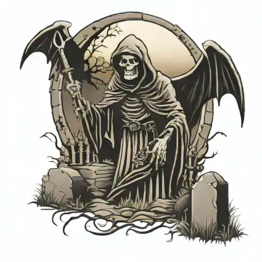 Gothic Grim Reaper In Graveyard Scene With Tombstones