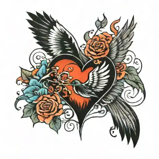 Black Heart Ignited By Fire And Little Bird Flying Away