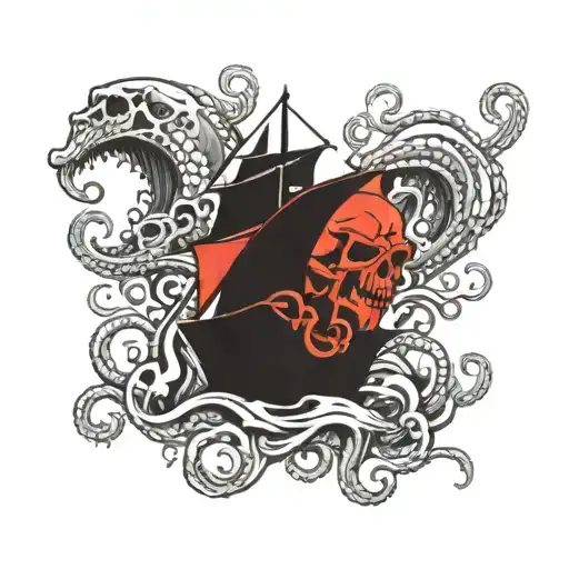 Ship And Kraken Skulls Facing Each Other