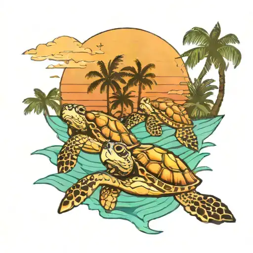 Sea Turtles In The Sunset With Palm Trees
