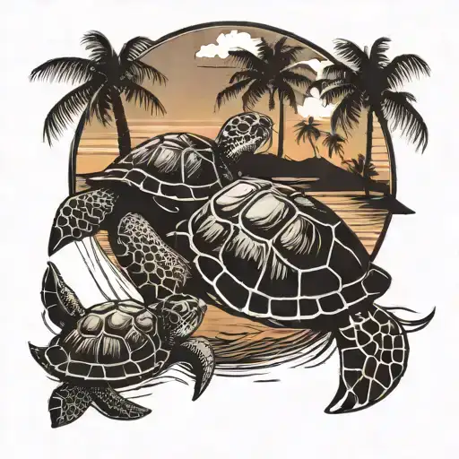 Sea Turtles In The Sunset With Palm Trees Black And White