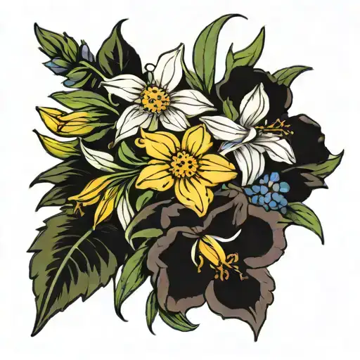 Daisy Patchouli Cosmo Marigold Narcissus And Larkspur Bouquet