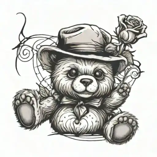 Scratches Teddybear With A Hat And Rose In His Hand