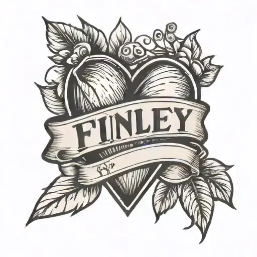 Minimalistic Line Art Tattoo Design With Name 'Finley' And A Bandaged Heart With Heart Lines