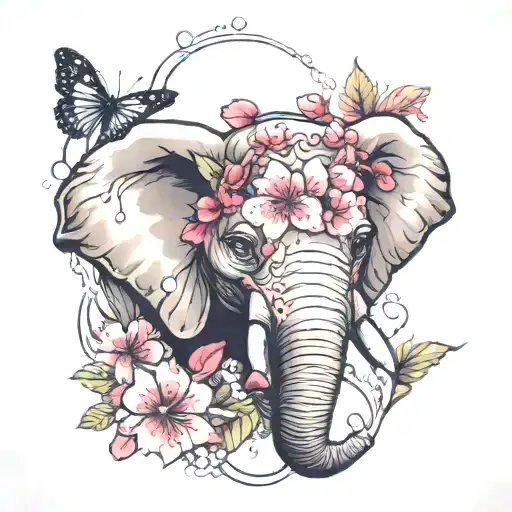 Elephant Head With Pink And Red Cherry Blossom Flowers Smoke Forming The Shape With Butterfly