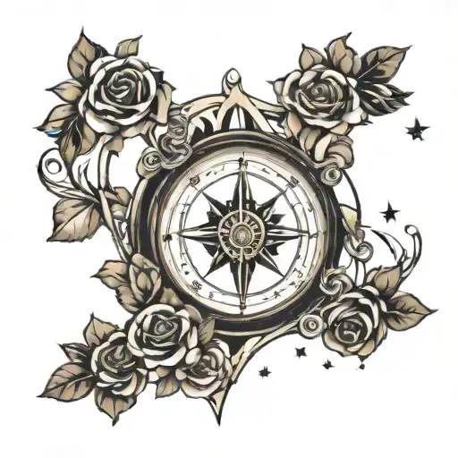 Mix Of Compass Inside Of Hourglass And Surrounded With Some Roses And Little Stars