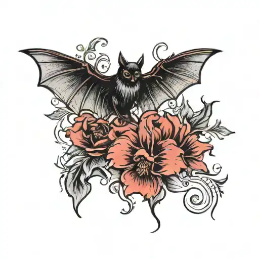 Red Flowers With A Black Bat Flying