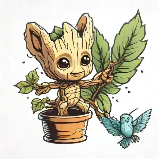 Standing Baby Groot Reaching For A Hovering Hummingbird