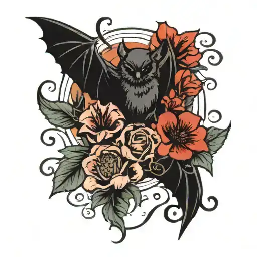 Red Flowers With A Black Bat Flying