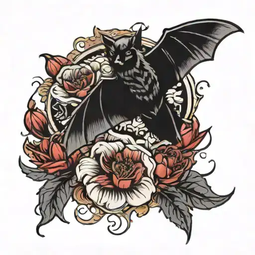 Red Flowers With A Black Bat Flying