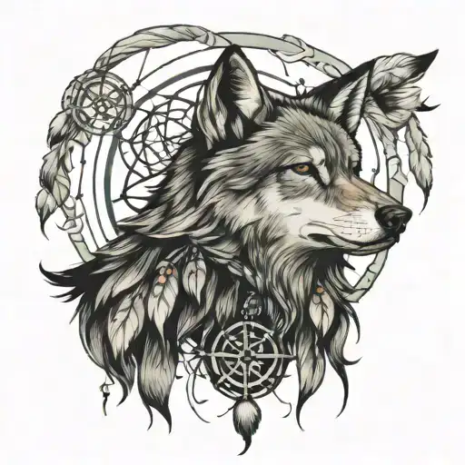 Wolf With Dream Catcher Entangled With A Compass Rose Intertwined