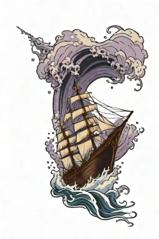 Ship In Waves Crashing In The Background With Amethyst Undertone