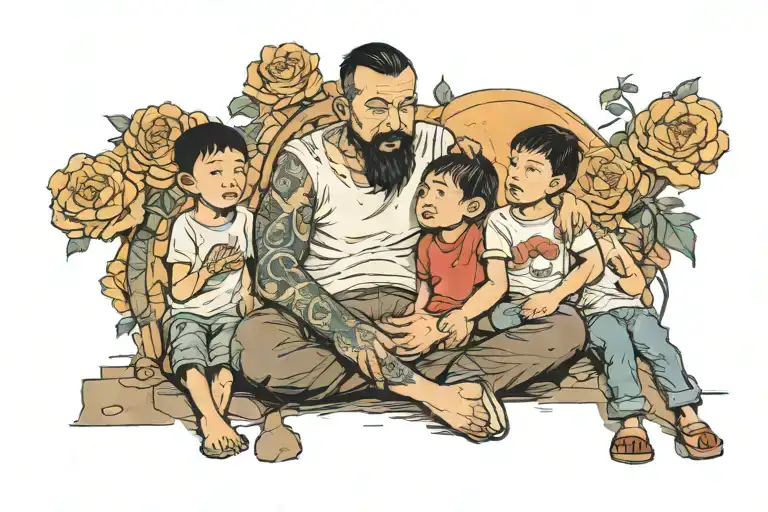 Child With Father And Next To A Child Abandoned By His Father