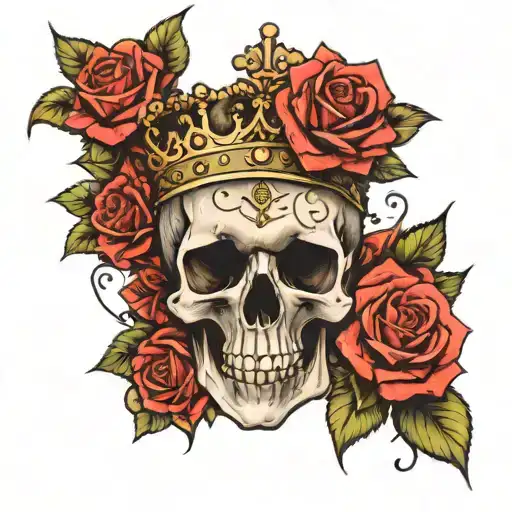 Skull With Roses And Crown Surrounded By Bold Flowers