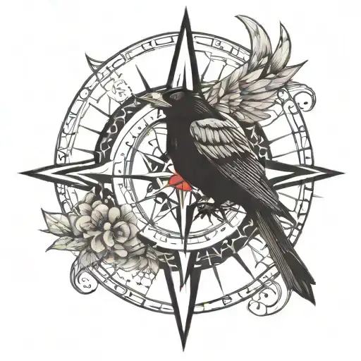 Nordic Compass And Raven Perched