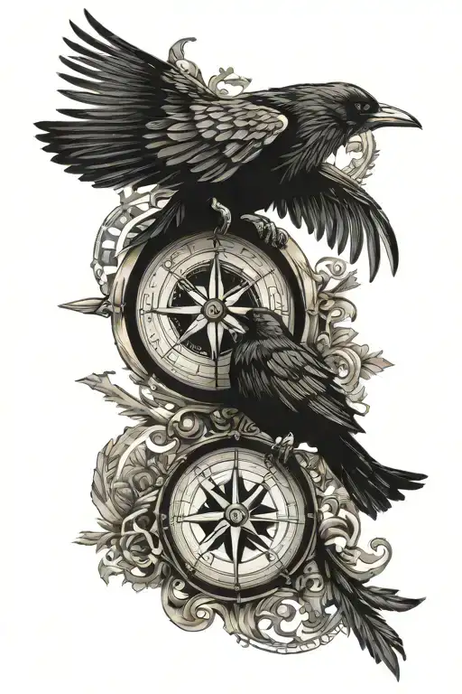 Nordic Compass And Raven Perched