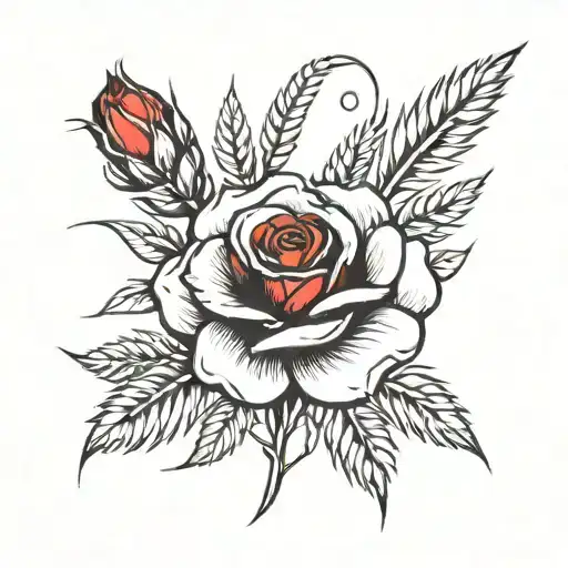 Single Red Rose Two Ears Of Wheat Around It