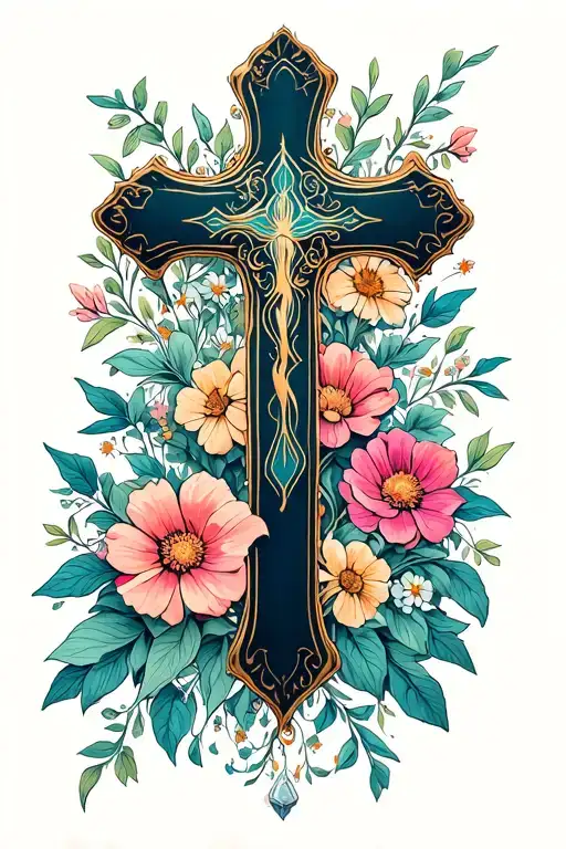 Cross With Lots Of Flowers In The Background