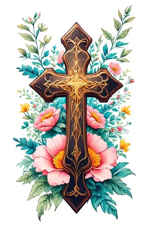 Cross With Lots Of Flowers In The Background
