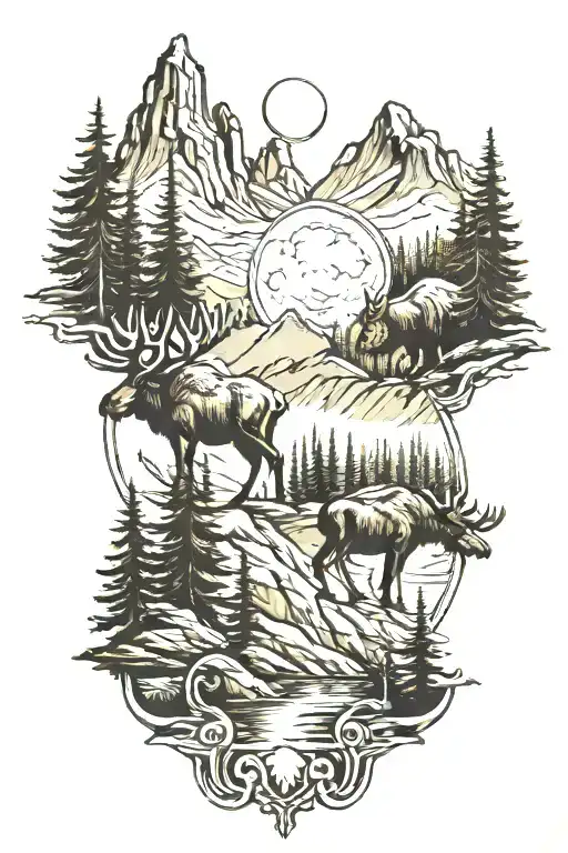 Mountain And Moon With Moose And Bear Sitting