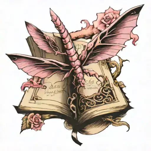 An Open Book From Which A Pink Dragon Flies Coming