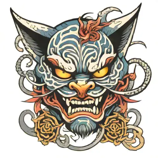 Japanese Oni Mask Breaking In Half With The Face Of A Cat Behind It