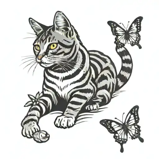 Grey And Black Tabby Cat With A Butterfly Perched On Its Paw