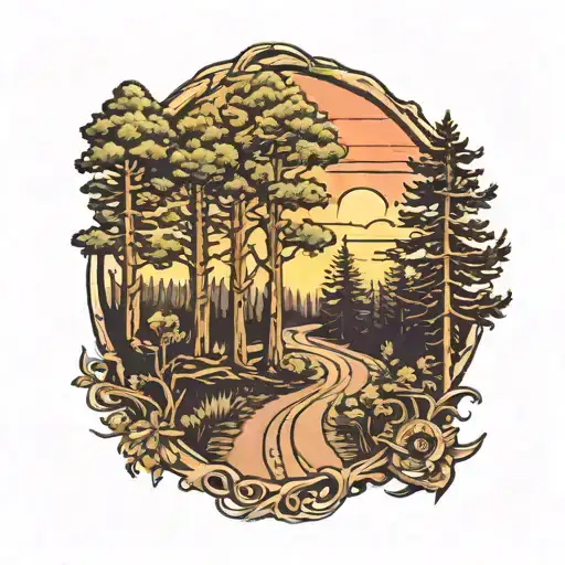 Dirt Trail Through Forest Of Oaks And Pines With Sunset In Background