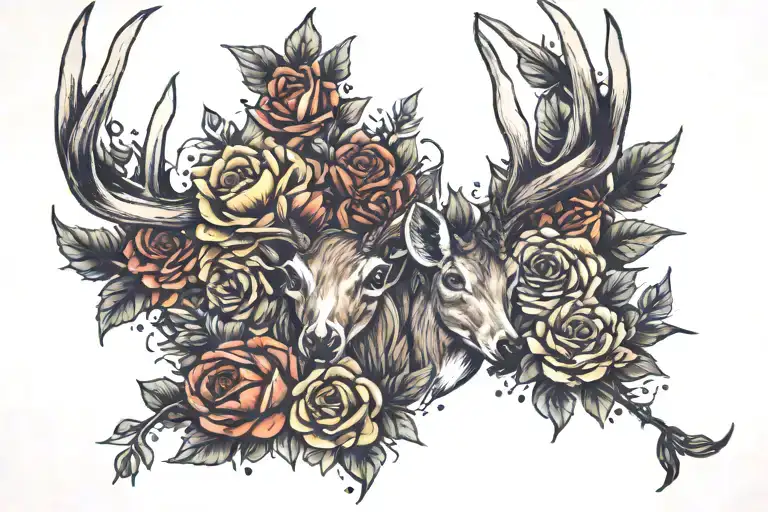 Deer Antlers Roses And Sunflowers