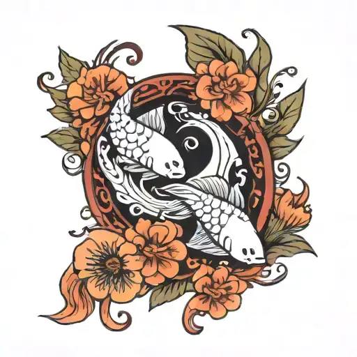 Yin Yang Koy Fish With Flowers