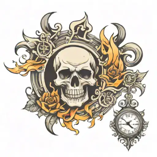Skull And Clock And Flames