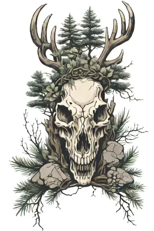 A Deer Skull In A Pine Forest With Rocks And Leaves Around