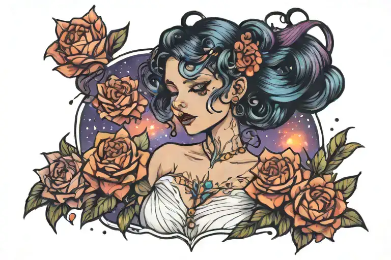Girl With Galaxy Hair Chest Tattoo Design