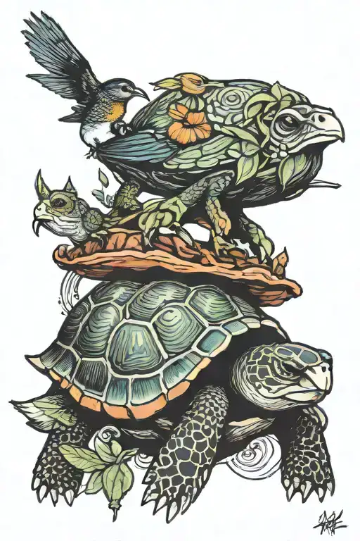 Turtle Ans Bird Perched
