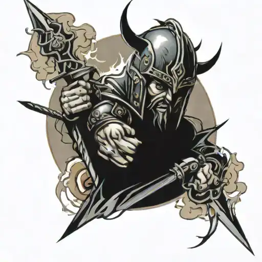 Warrior With Swords Behind And Thubder Lightnings