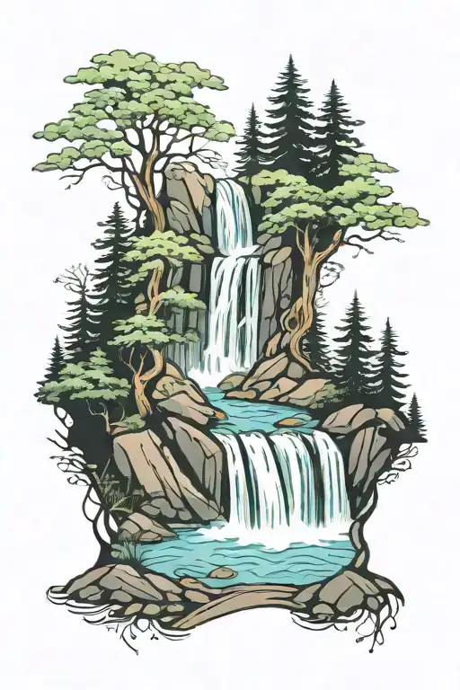 Waterfall Flowing Into Forest Scene With Hidden
