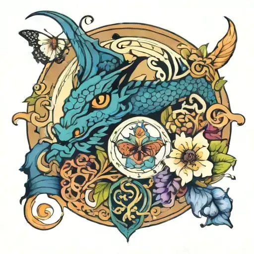 Circle Flowers Butterflys Dragon