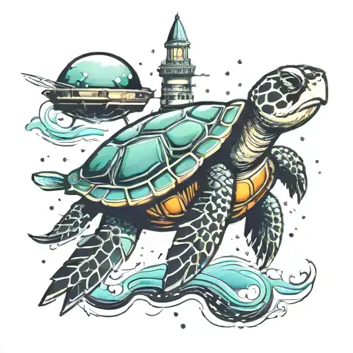 Sea Turtle Riding A Spaceship Flying