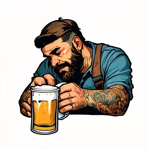 Tired Blue Collar Man Holding Beer And Coffee Cup