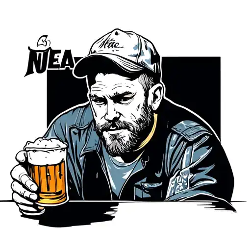 Black And White Tired Blue Collar Man Holding Beer And Coffee Cup