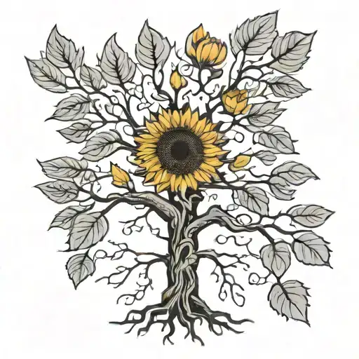 A Black And White Oak Tree With Roots Forming With A Coloured Sunflower Under Its Branches