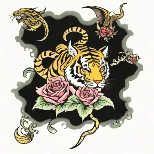 Tiger And Dragon And Roses