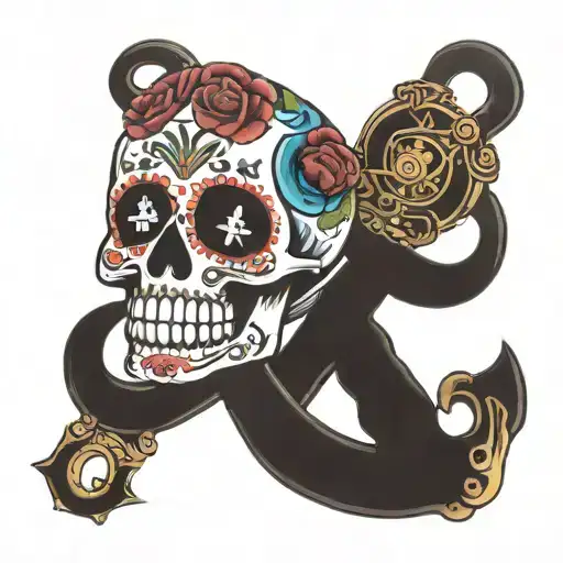 Sugar Skull With Anchor Intertwined