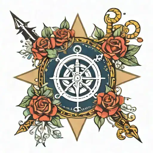 Wind Rose With Flowers And Stars And Marine Anchor