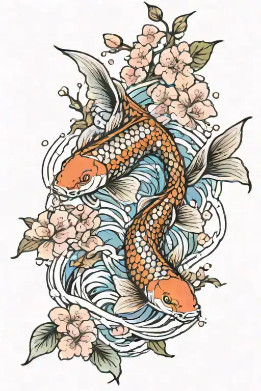 Koi Fish Swimming Upstream With Cherry Blossoms