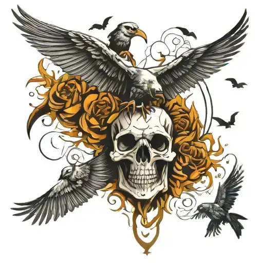 Skull Surrounded By Crows Flying