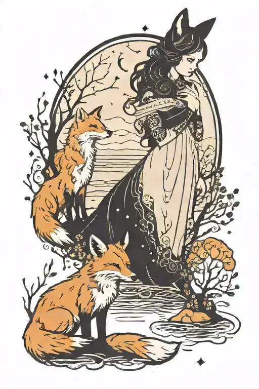 Silhouette Of A Girl And A Fox By The River Under The Stars