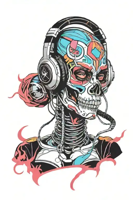 Female Cyberpunk Skull Wearing Headphones Neon Colorful