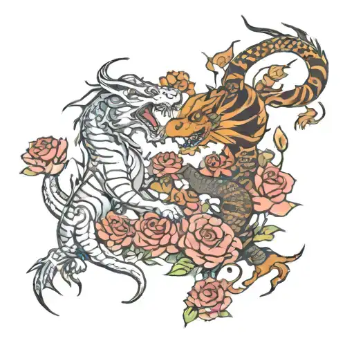 Dragon And Tiger Fighting With Daisys And Roses Around Them