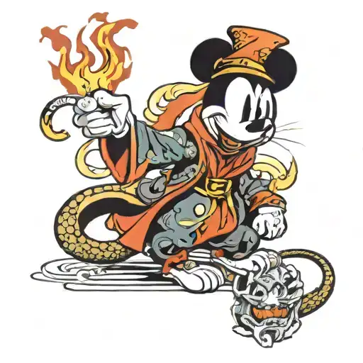Sorcerer Mickey Mouse With Dragon On Fire In The Background